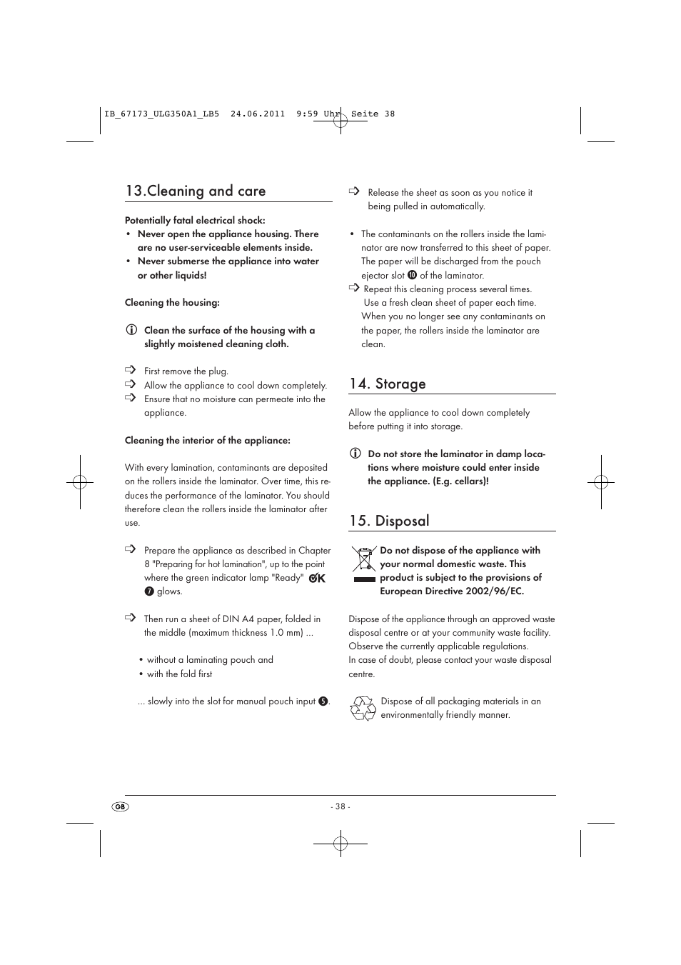 Cleaning and care, Storage, Disposal | United Office ULG 350 A1 User Manual | Page 40 / 51