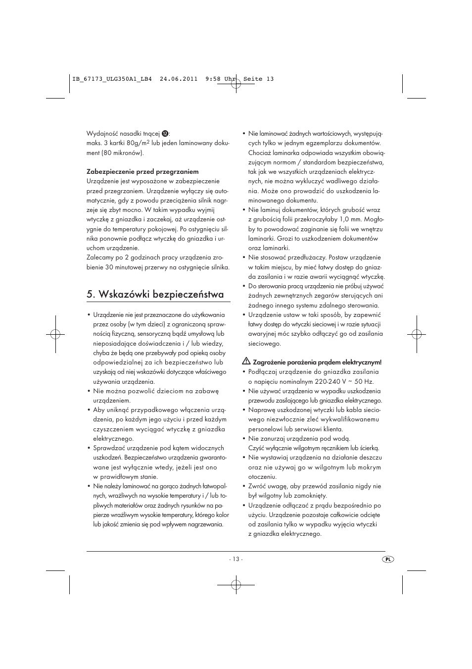 Wskazówki bezpieczeństwa | United Office ULG 350 A1 User Manual | Page 15 / 61