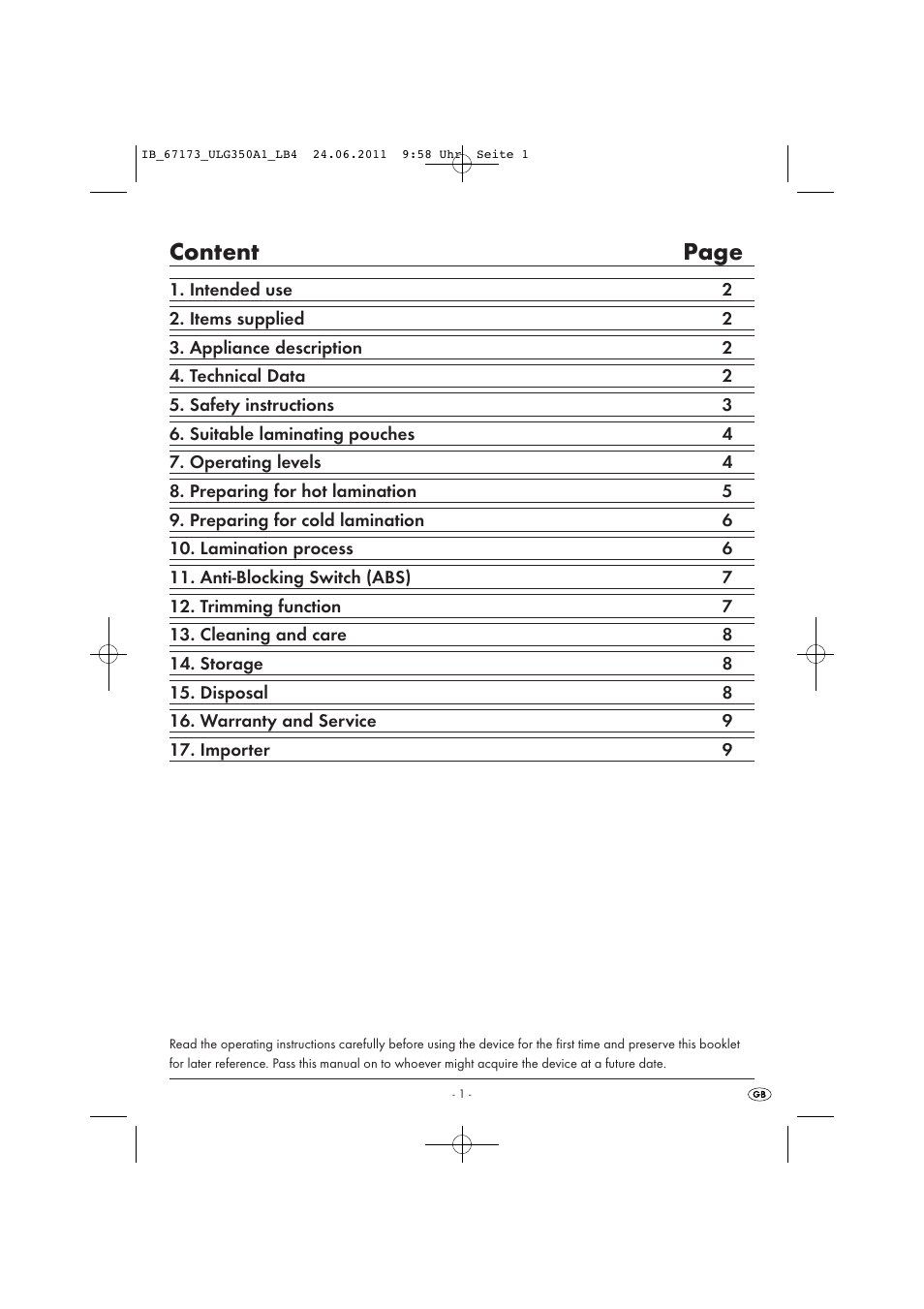 Content page | United Office ULG 350 A1 User Manual | Page 3 / 61