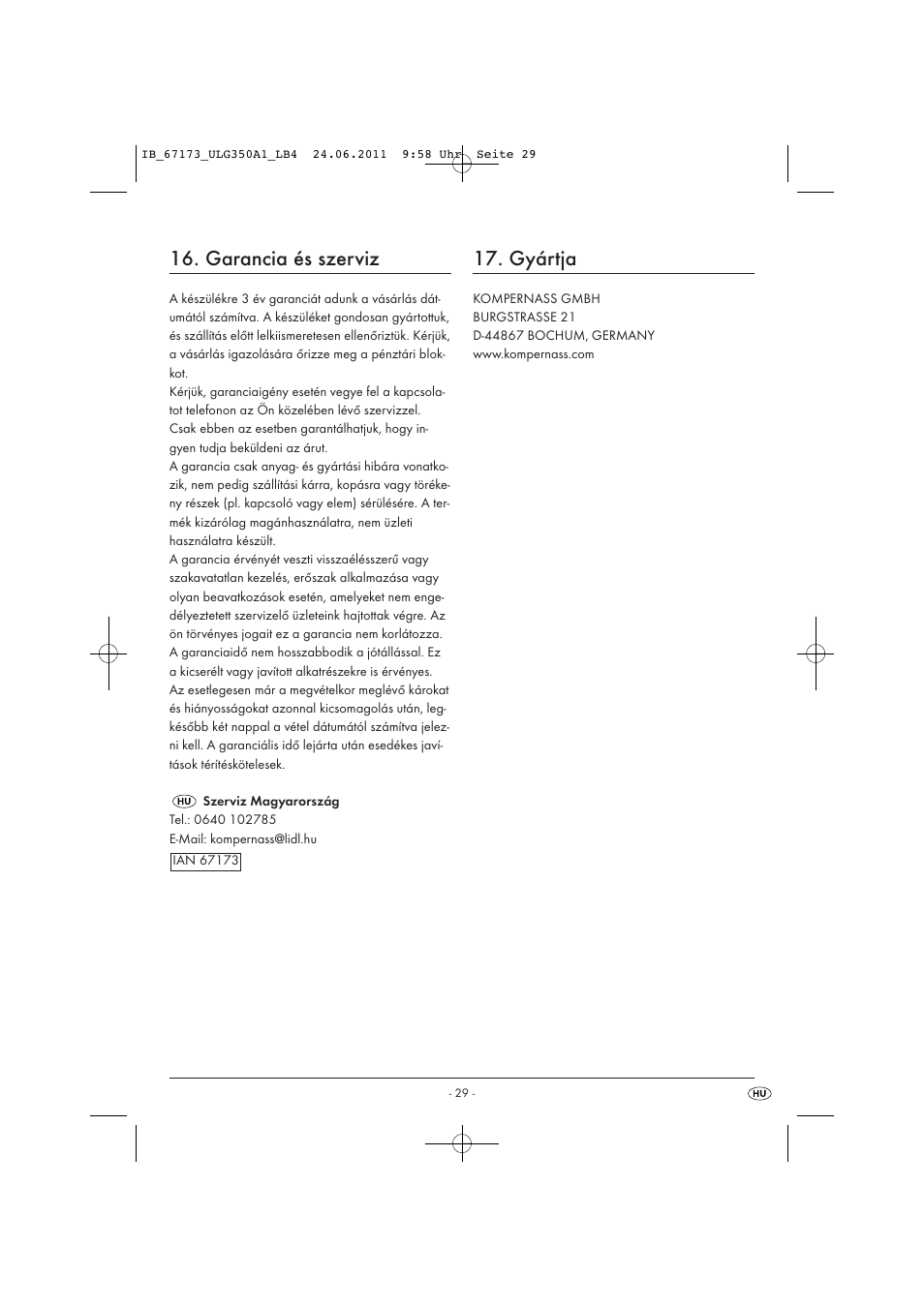 Garancia és szerviz, Gyártja | United Office ULG 350 A1 User Manual | Page 31 / 61