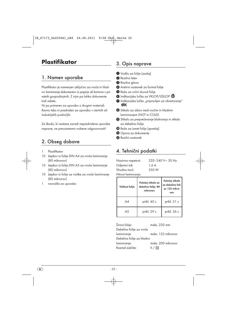 Plastifikator, Namen uporabe, Obseg dobave | Opis naprave, Tehnični podatki | United Office ULG 350 A1 User Manual | Page 34 / 61