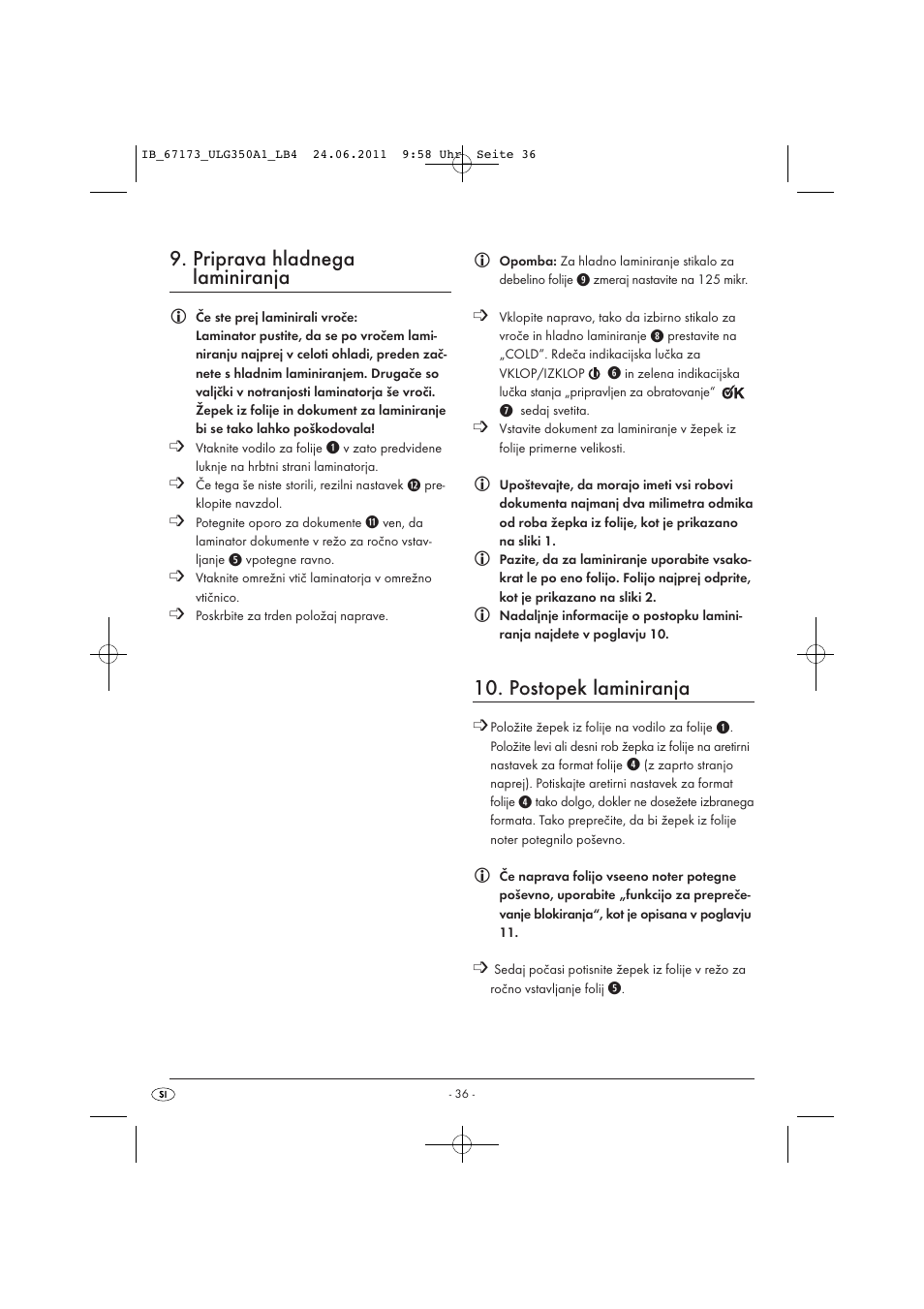 Priprava hladnega laminiranja, Postopek laminiranja | United Office ULG 350 A1 User Manual | Page 38 / 61