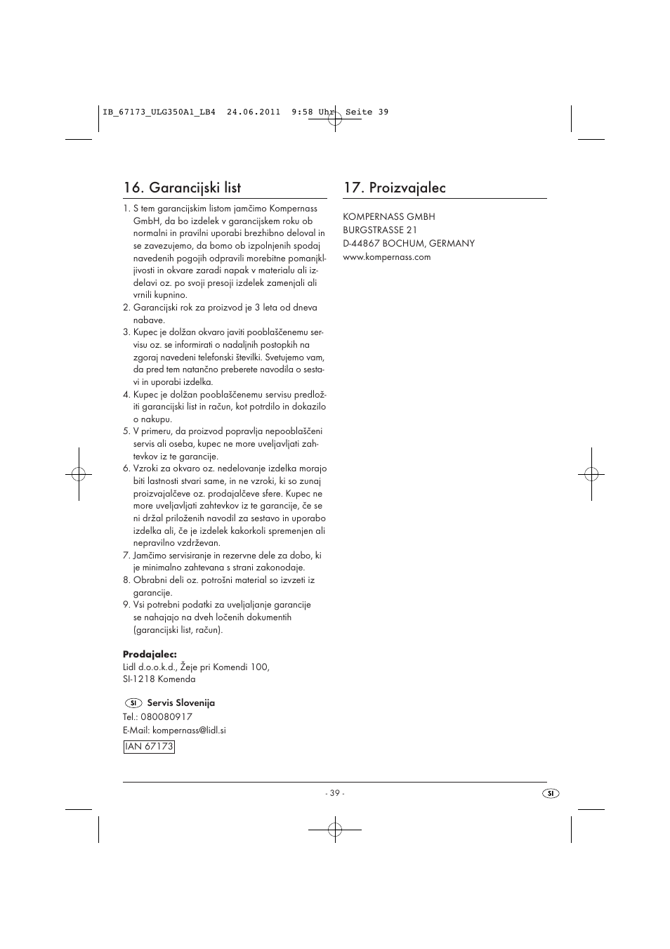 Garancijski list, Proizvajalec | United Office ULG 350 A1 User Manual | Page 41 / 61
