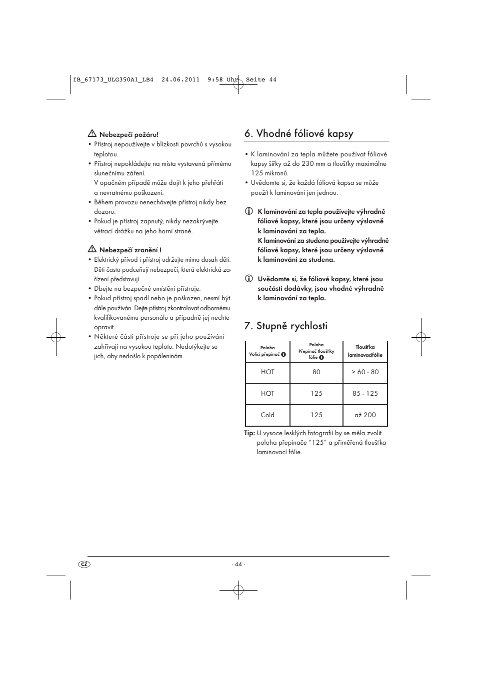 Vhodné fóliové kapsy, Stupně rychlosti | United Office ULG 350 A1 User Manual | Page 46 / 61