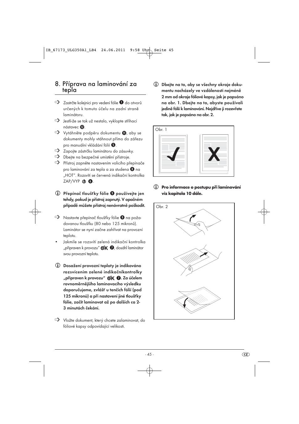 Příprava na laminování za tepla | United Office ULG 350 A1 User Manual | Page 47 / 61