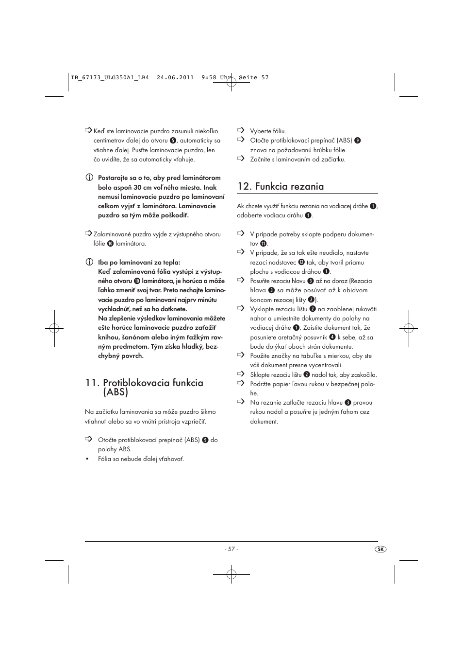 Protiblokovacia funkcia (abs), Funkcia rezania | United Office ULG 350 A1 User Manual | Page 59 / 61