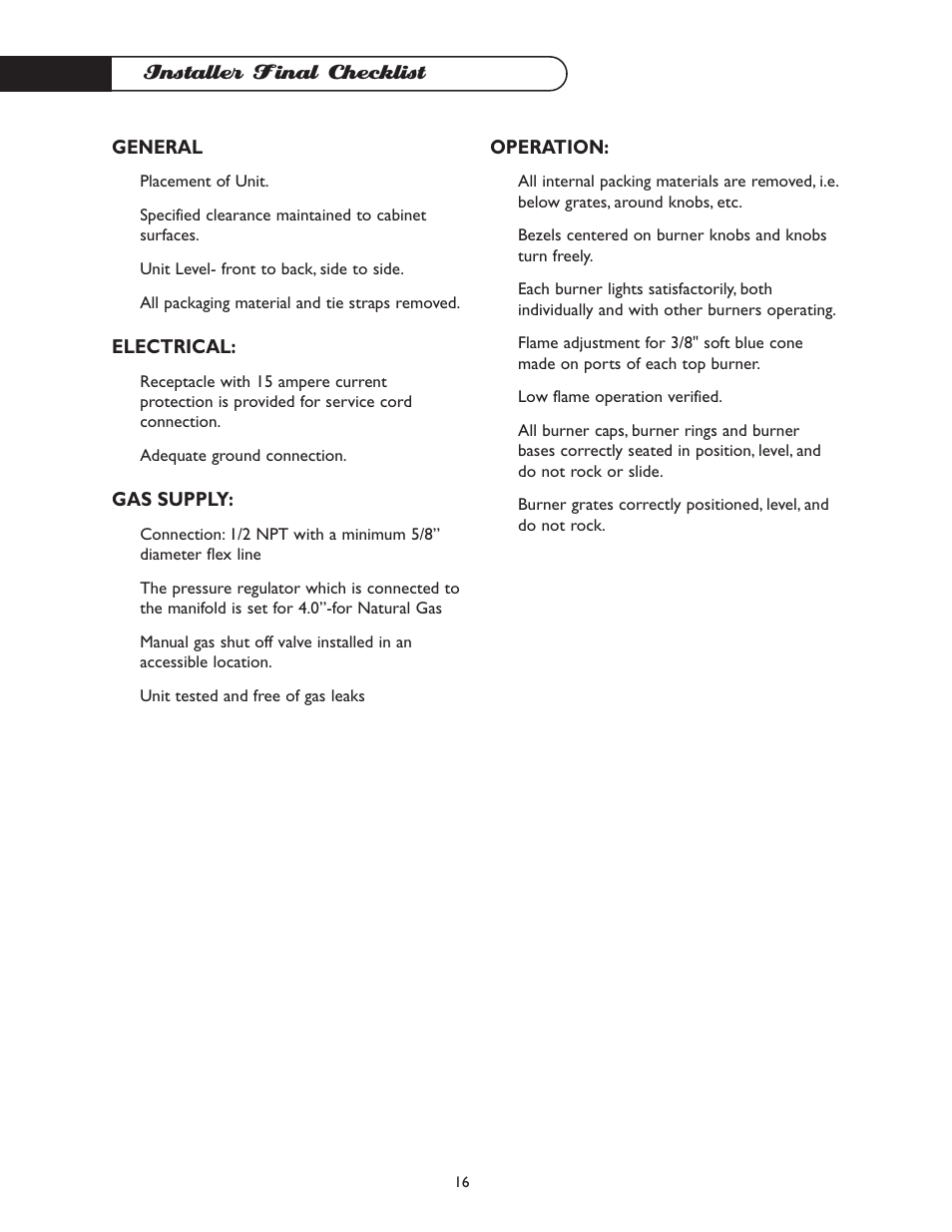 Installer final checklist | DCS CT-365GN User Manual | Page 17 / 22