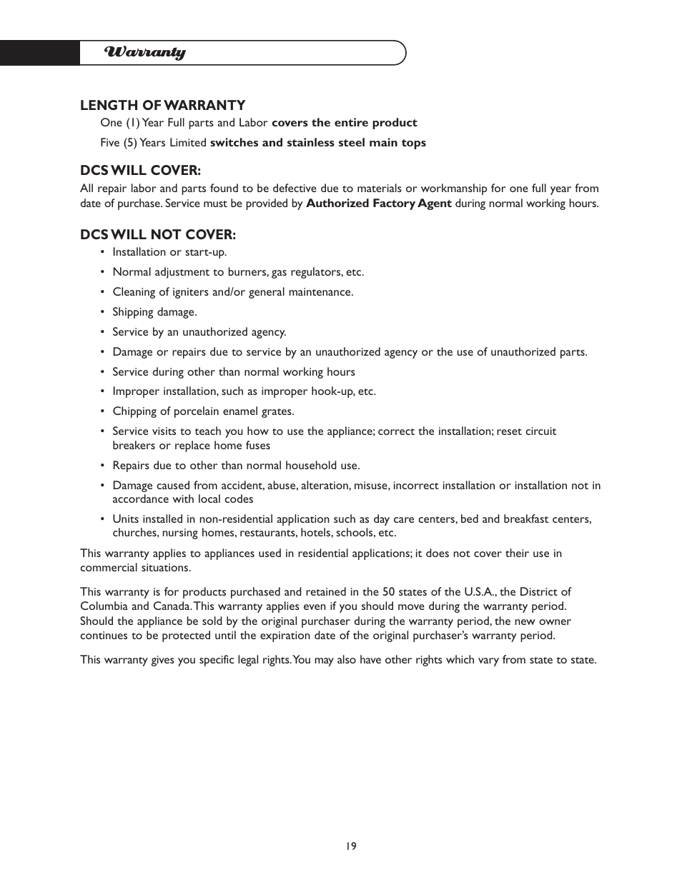 Warranty | DCS CT-365GN User Manual | Page 20 / 22