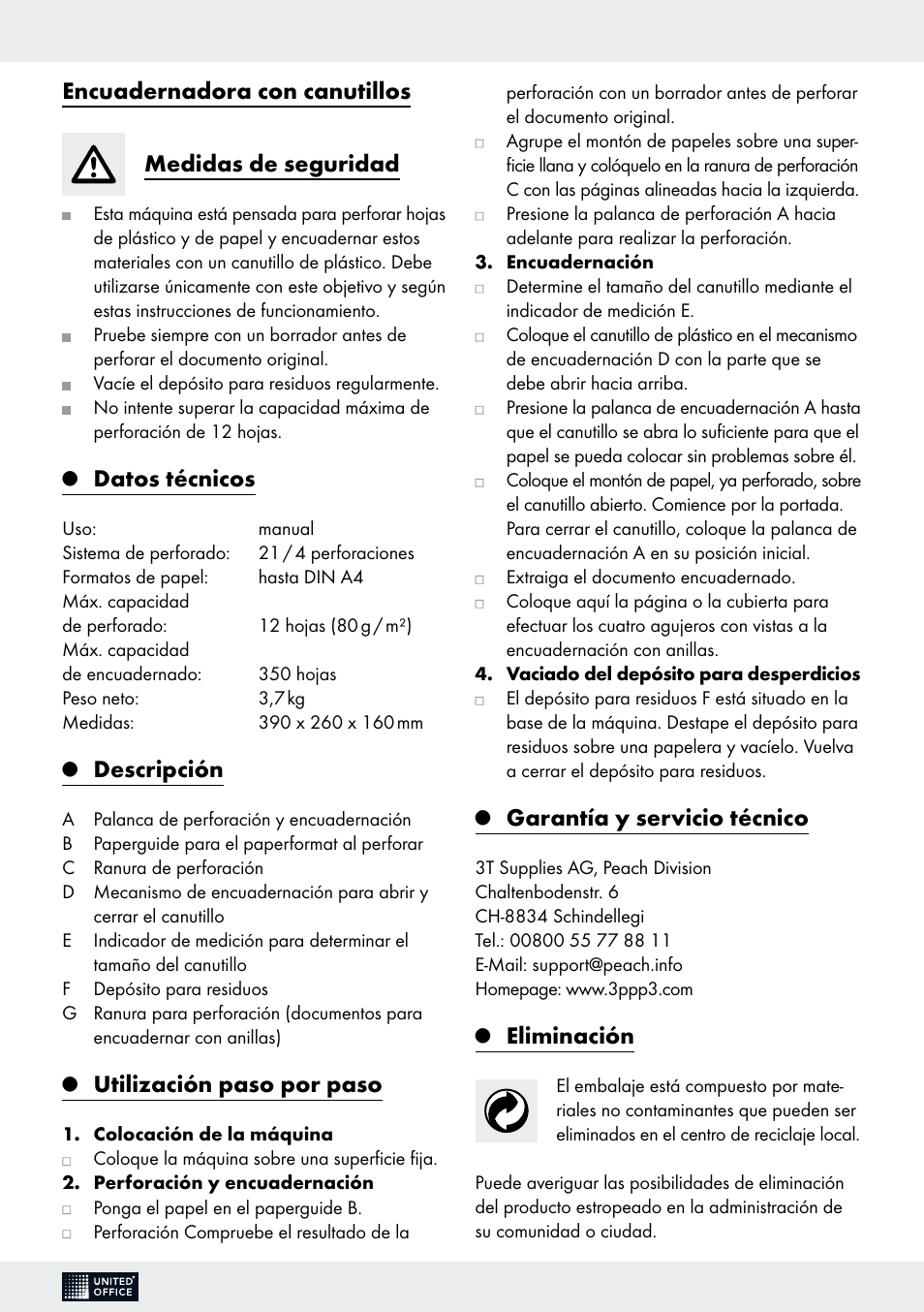 Encuadernadora con canutillos medidas de seguridad, Datos técnicos, Descripción | Utilización paso por paso, Garantía y servicio técnico, Eliminación | United Office Comb Binding Machine User Manual | Page 4 / 9