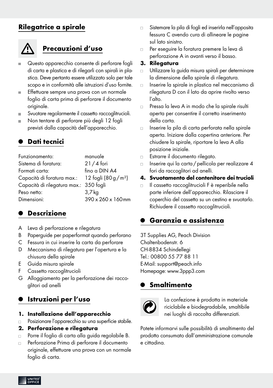 Rilegatrice a spirale precauzioni d’uso, Dati tecnici, Descrizione | Istruzioni per l’uso, Garanzia e assistenza, Smaltimento | United Office Comb Binding Machine User Manual | Page 5 / 9