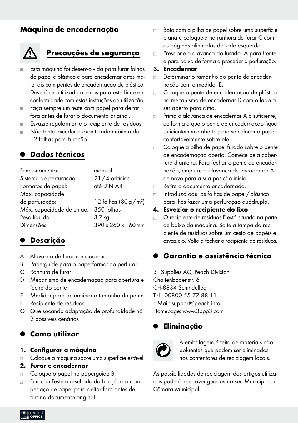 Máquina de encadernação precauções de segurança, Dados técnicos, Descrição | Como utilizar, Garantia e assistência técnica, Eliminação | United Office Comb Binding Machine User Manual | Page 6 / 9