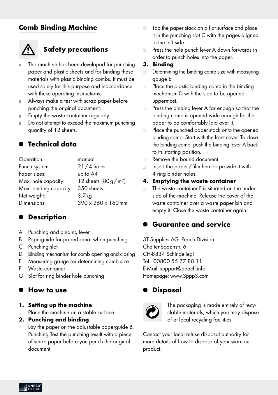 Comb binding machine safety precautions, Technical data, Description | How to use, Guarantee and service, Disposal | United Office Comb Binding Machine User Manual | Page 7 / 9