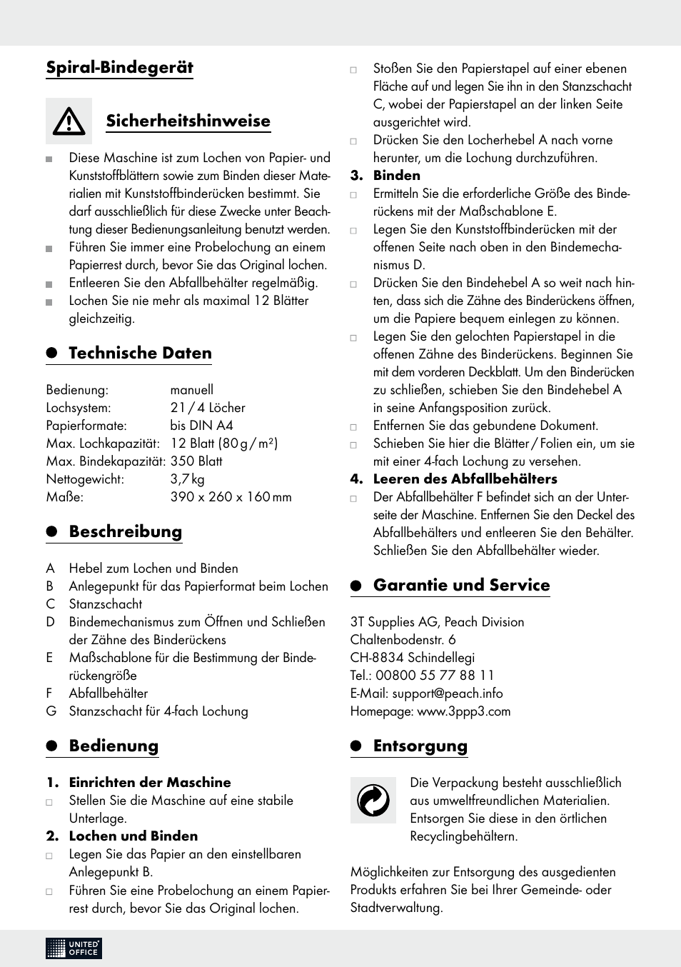 Spiral-bindegerät sicherheitshinweise, Technische daten, Beschreibung | Bedienung, Garantie und service, Entsorgung | United Office Comb Binding Machine User Manual | Page 8 / 9