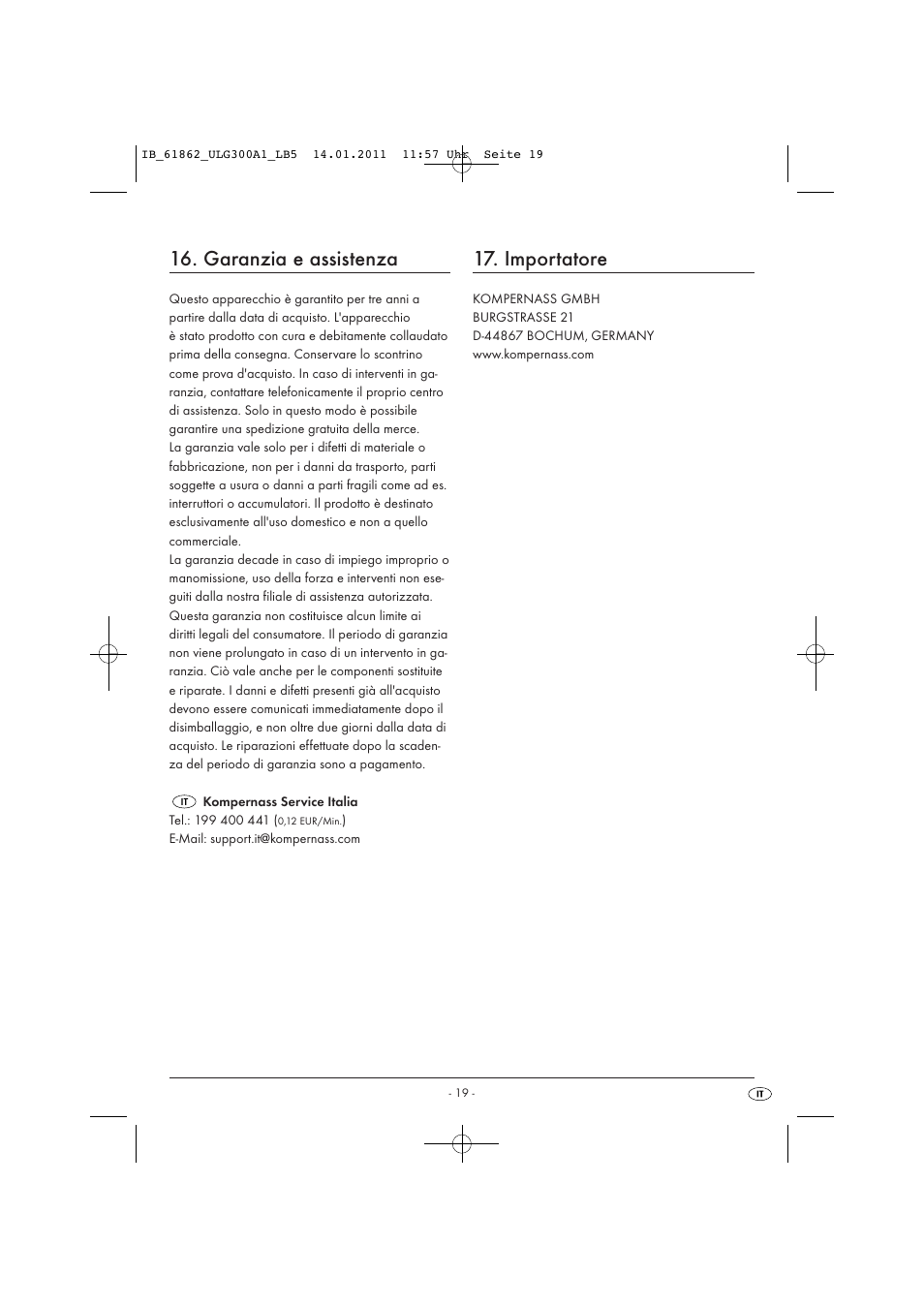 Garanzia e assistenza, Importatore | United Office Plastificadora A3 ULG 300 A1 User Manual | Page 21 / 51