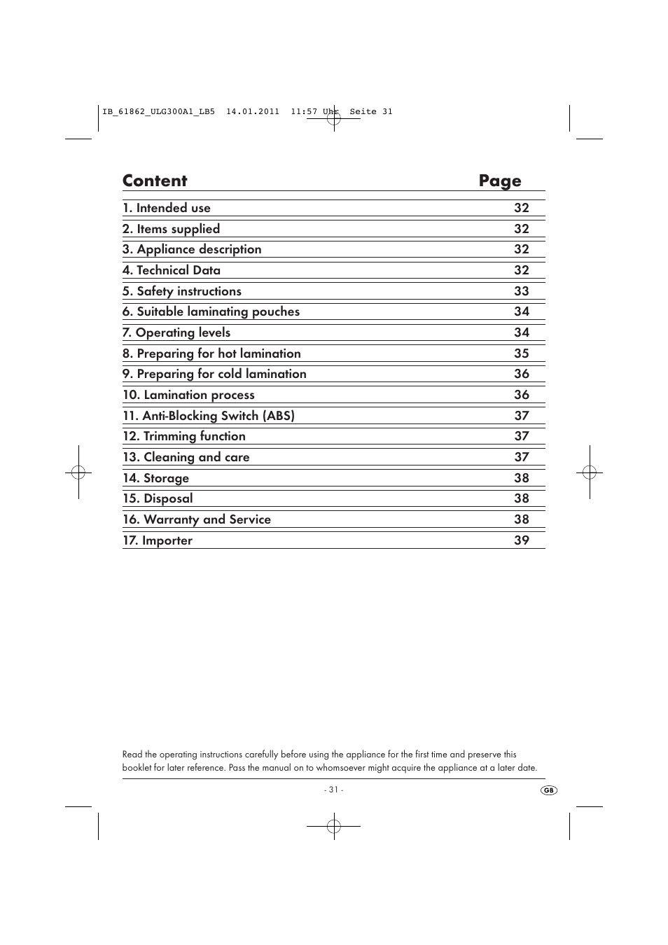 Content page | United Office Plastificadora A3 ULG 300 A1 User Manual | Page 33 / 51