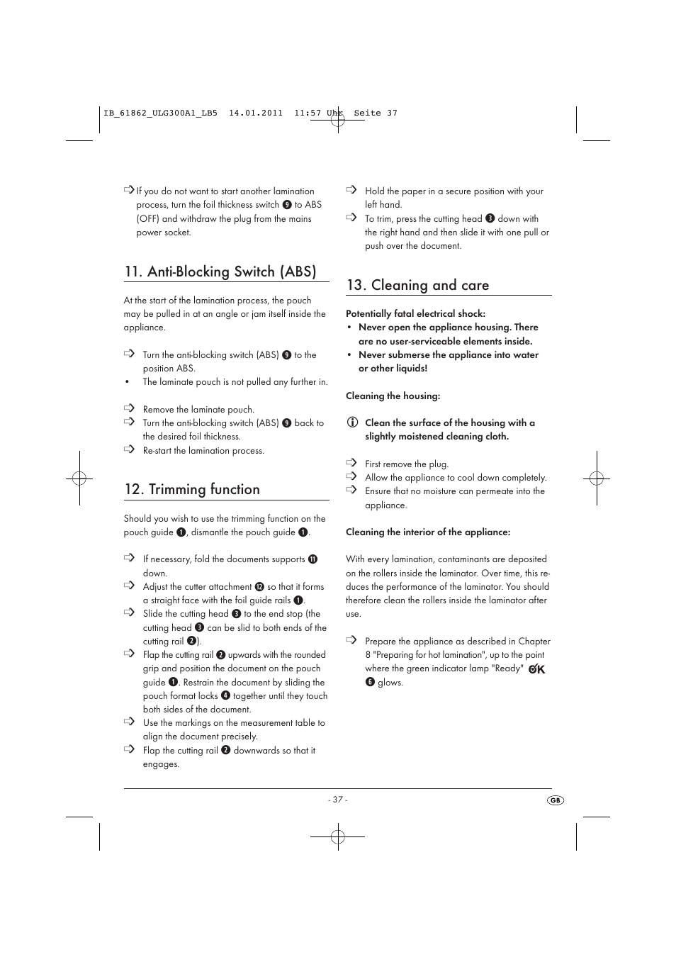 Anti-blocking switch (abs), Trimming function, Cleaning and care | United Office Plastificadora A3 ULG 300 A1 User Manual | Page 39 / 51