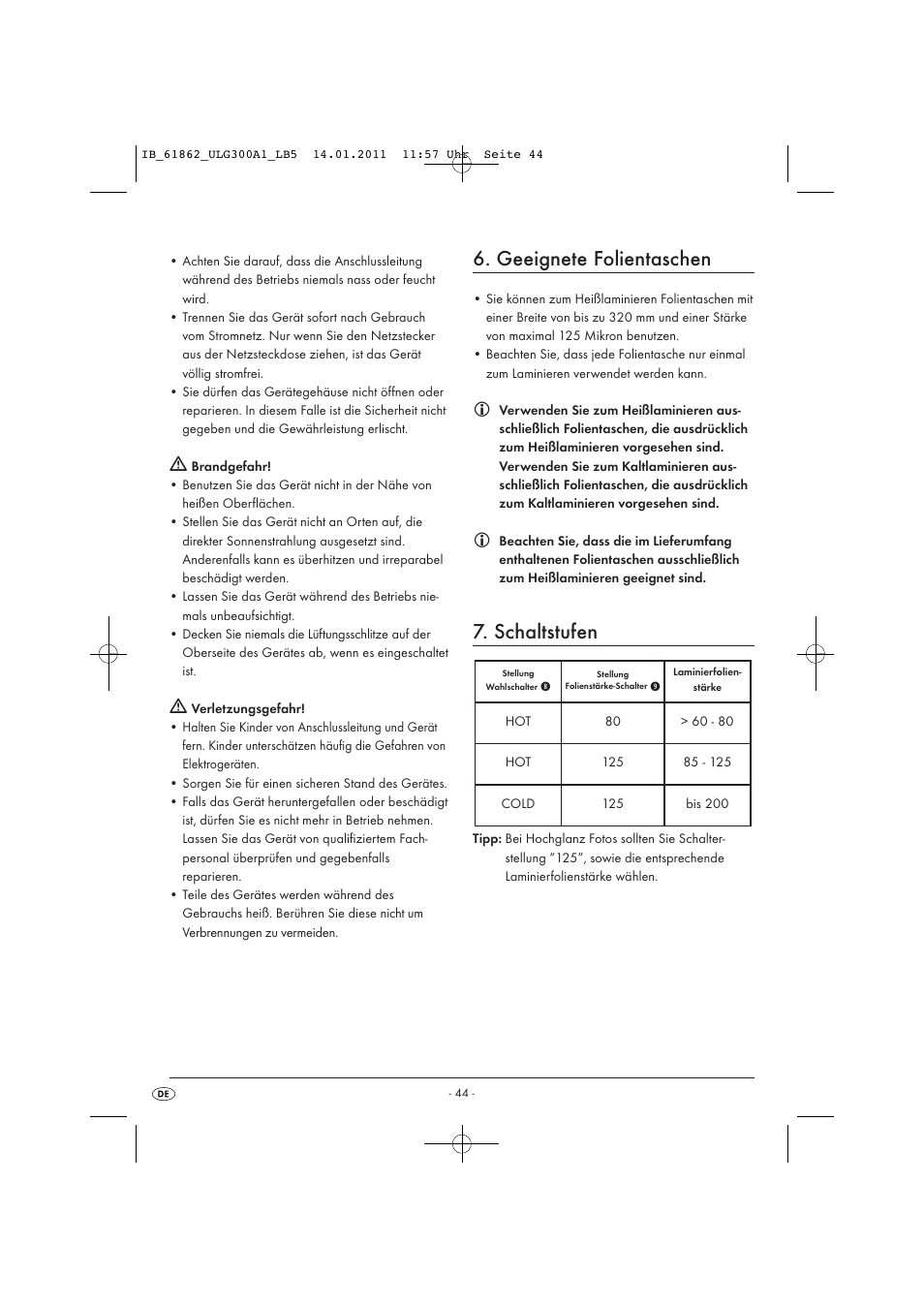 Geeignete folientaschen, Schaltstufen | United Office Plastificadora A3 ULG 300 A1 User Manual | Page 46 / 51