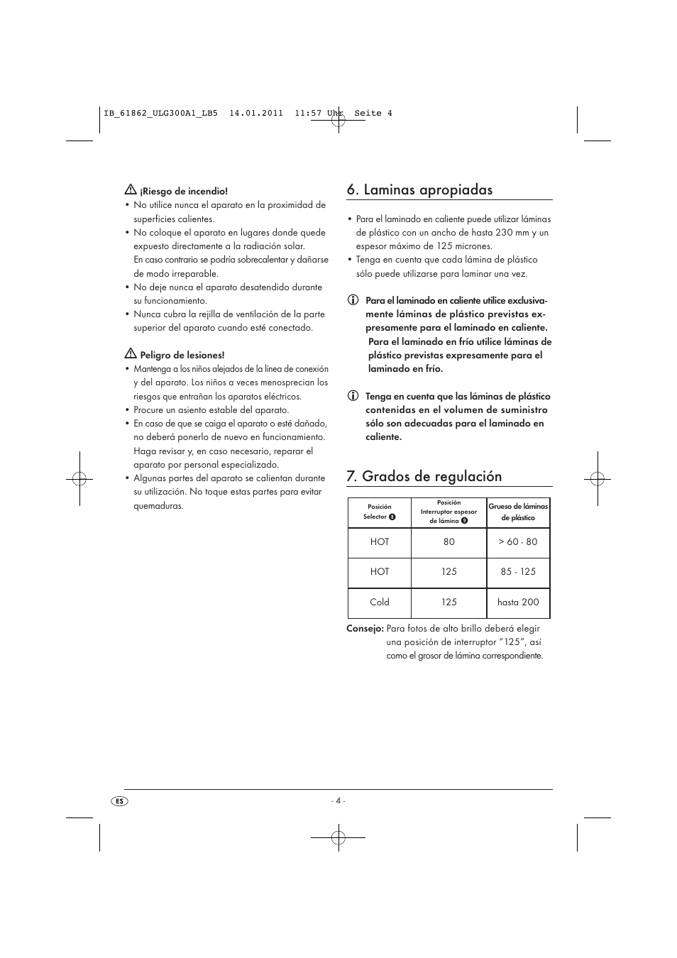 Laminas apropiadas, Grados de regulación | United Office Plastificadora A3 ULG 300 A1 User Manual | Page 6 / 51