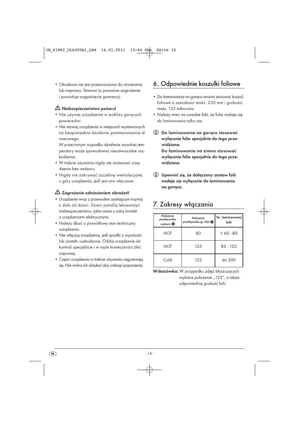 Odpowiednie koszulki foliowe, Zakresy włączania | United Office A3 Laminator ULG 300 A1 User Manual | Page 16 / 65