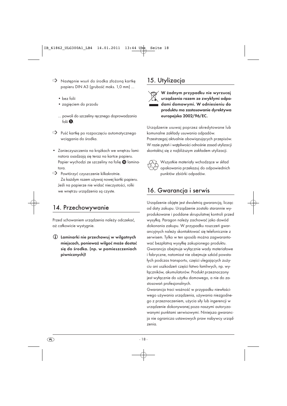 Przechowywanie, Utylizacja, Gwarancja i serwis | United Office A3 Laminator ULG 300 A1 User Manual | Page 20 / 65