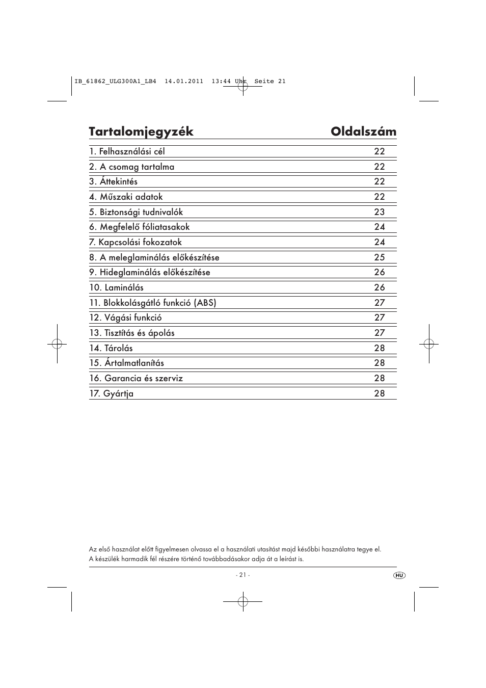 Tartalomjegyzék oldalszám | United Office A3 Laminator ULG 300 A1 User Manual | Page 23 / 65