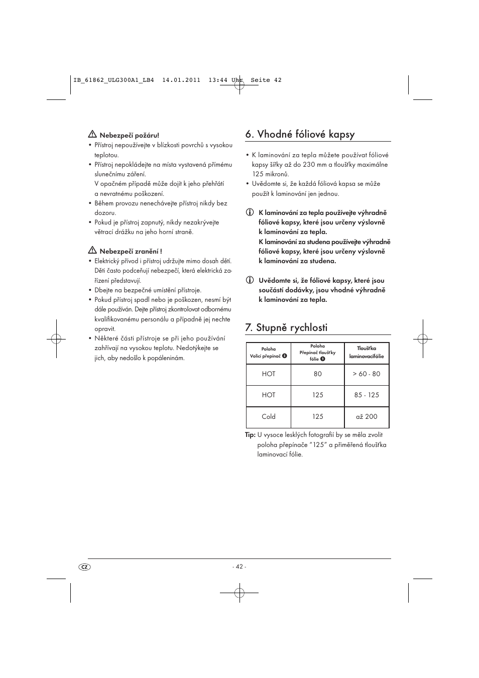 Vhodné fóliové kapsy, Stupně rychlosti | United Office A3 Laminator ULG 300 A1 User Manual | Page 44 / 65