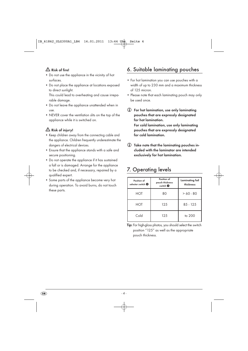 Suitable laminating pouches, Operating levels | United Office A3 Laminator ULG 300 A1 User Manual | Page 6 / 65