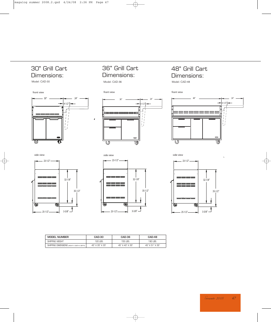 30" grill cart dimensions, 36" grill cart dimensions, 48" grill cart dimensions | DCS Grill Cart CAD-48 User Manual | Page 2 / 2