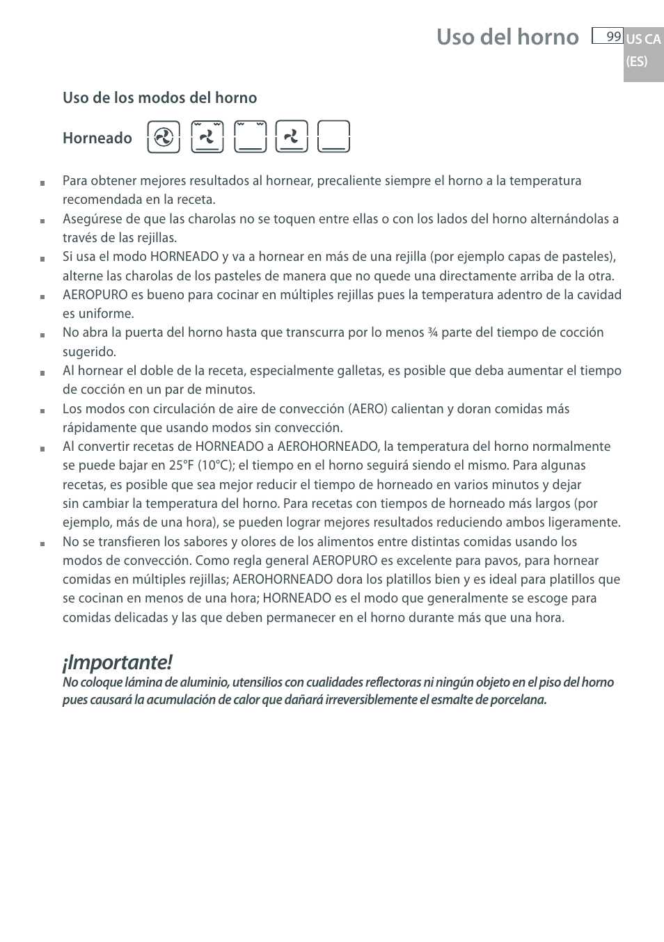 Uso del horno, Importante | DCS WOU-130 User Manual | Page 101 / 132