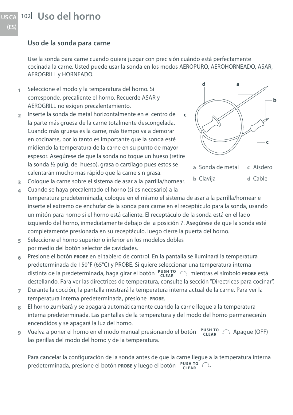 Uso del horno, Uso de la sonda para carne | DCS WOU-130 User Manual | Page 104 / 132