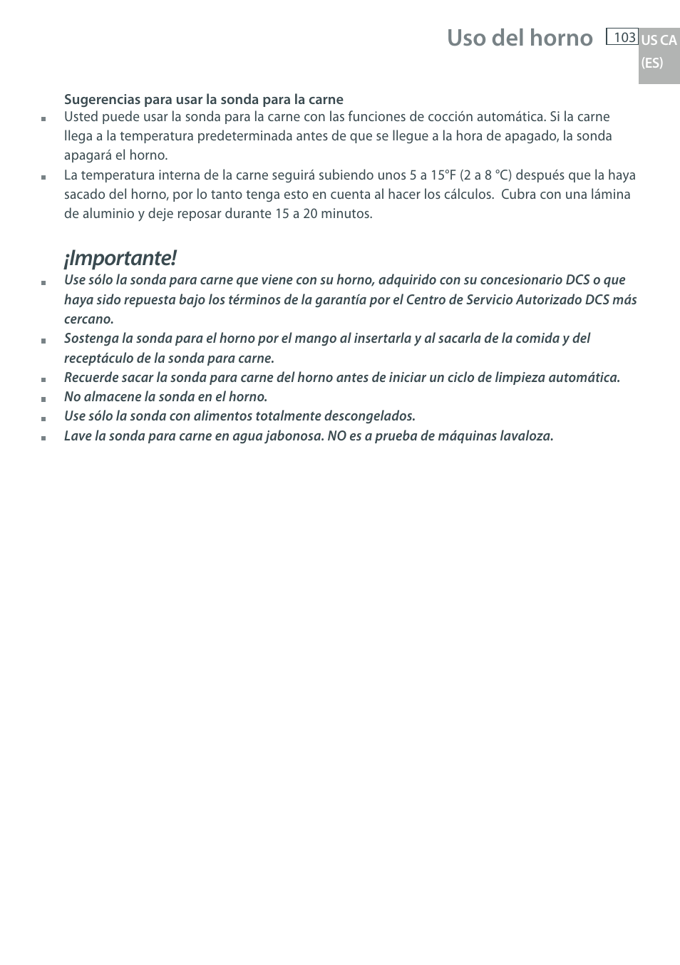 Uso del horno, Importante | DCS WOU-130 User Manual | Page 105 / 132