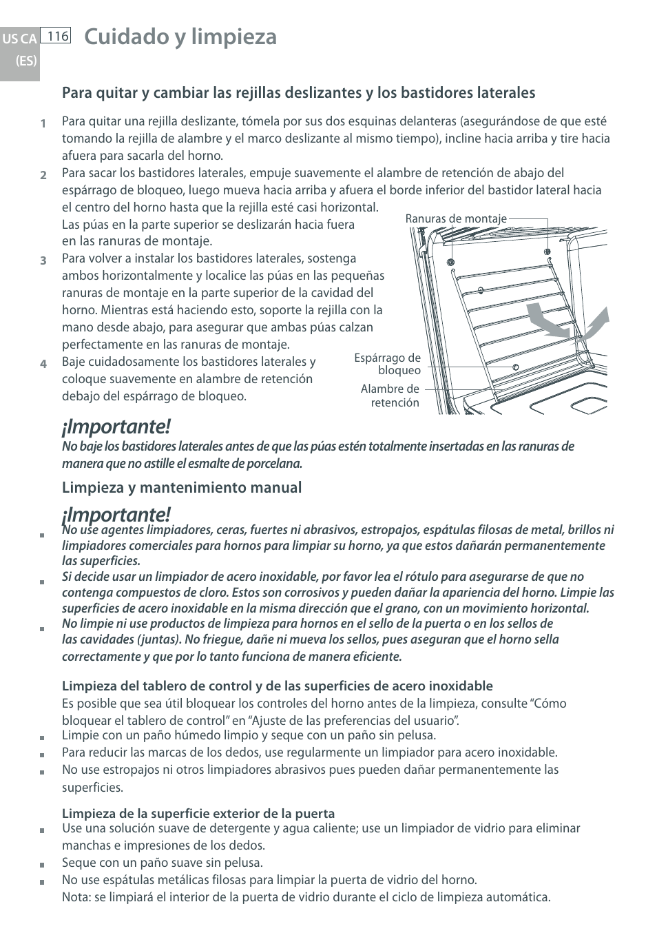 Cuidado y limpieza, Importante | DCS WOU-130 User Manual | Page 118 / 132