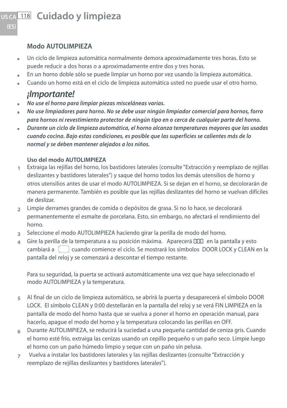 Cuidado y limpieza, Importante | DCS WOU-130 User Manual | Page 120 / 132