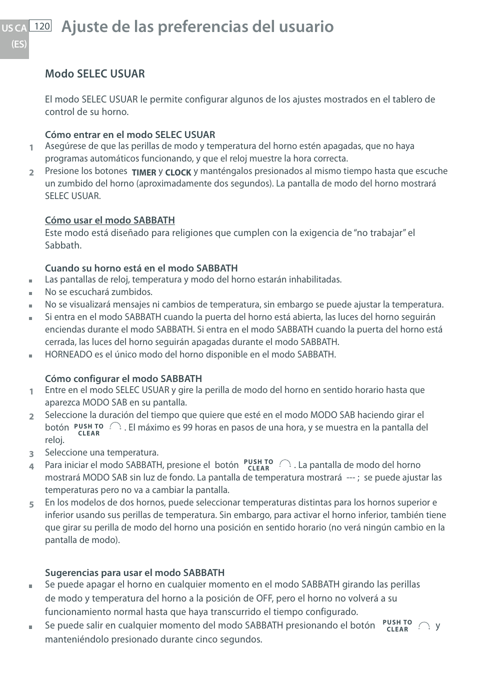 Ajuste de las preferencias del usuario, Modo selec usuar | DCS WOU-130 User Manual | Page 122 / 132