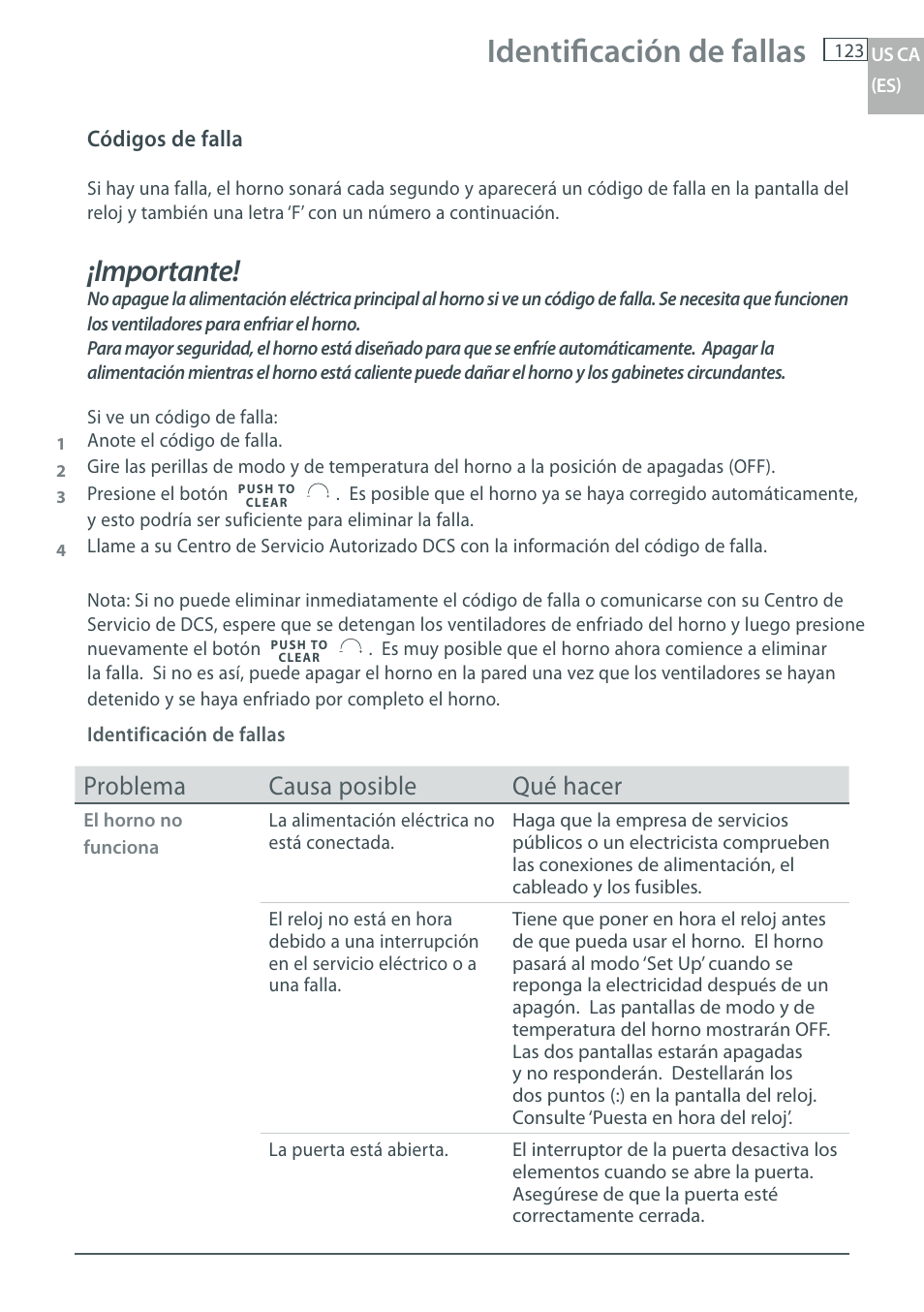 Identifi cación de fallas, Importante, Problema causa posible qué hacer | DCS WOU-130 User Manual | Page 125 / 132