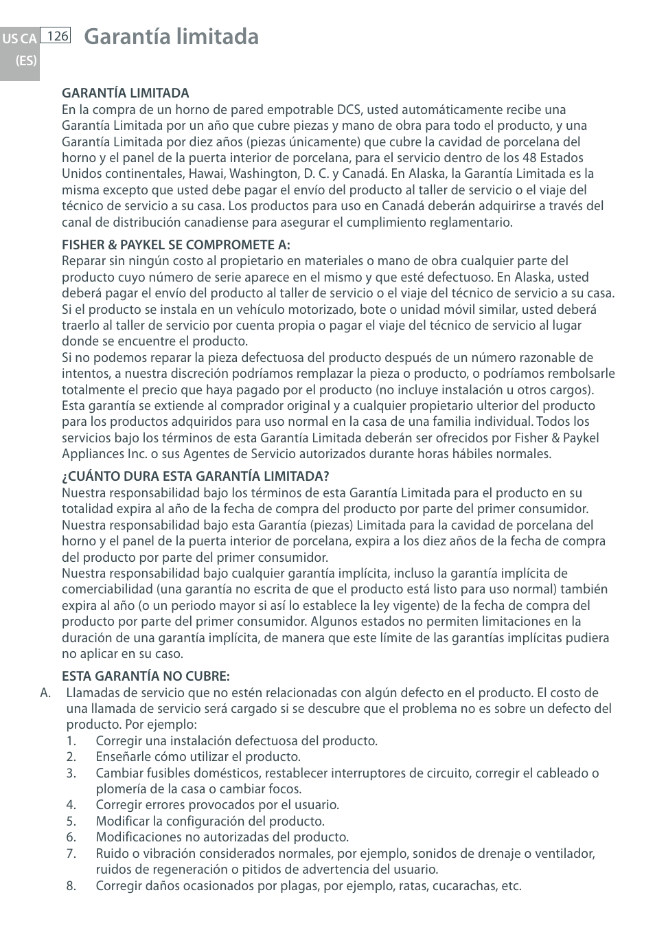 Garantía limitada | DCS WOU-130 User Manual | Page 128 / 132