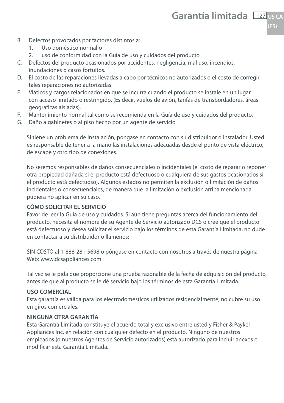 Garantía limitada | DCS WOU-130 User Manual | Page 129 / 132