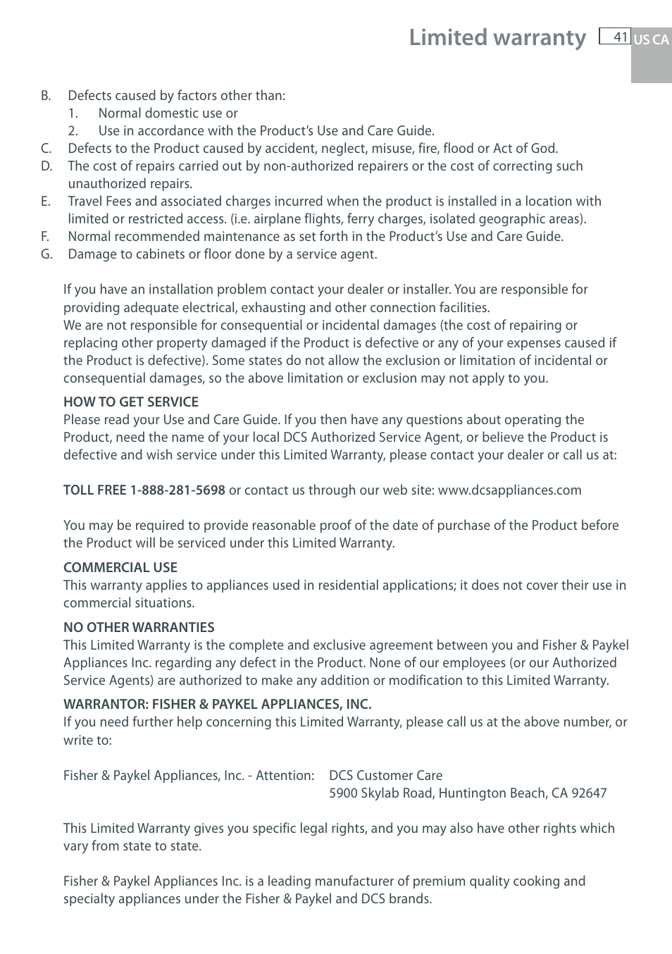 Limited warranty | DCS WOU-130 User Manual | Page 43 / 132
