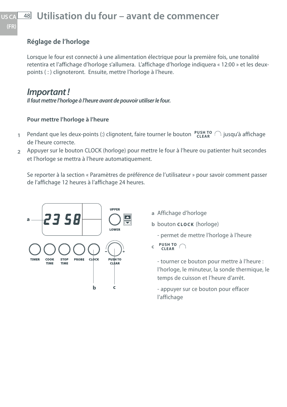 Utilisation du four – avant de commencer, Important, Réglage de l’horloge | DCS WOU-130 User Manual | Page 50 / 132