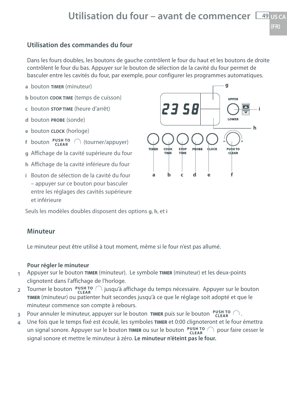 Utilisation du four – avant de commencer, Utilisation des commandes du four, Minuteur | DCS WOU-130 User Manual | Page 51 / 132