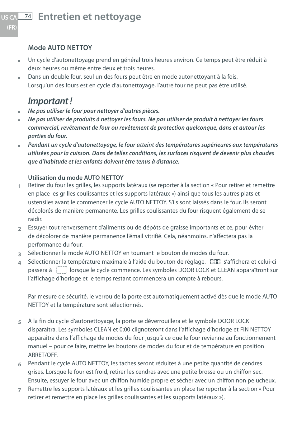 Entretien et nettoyage, Important | DCS WOU-130 User Manual | Page 76 / 132