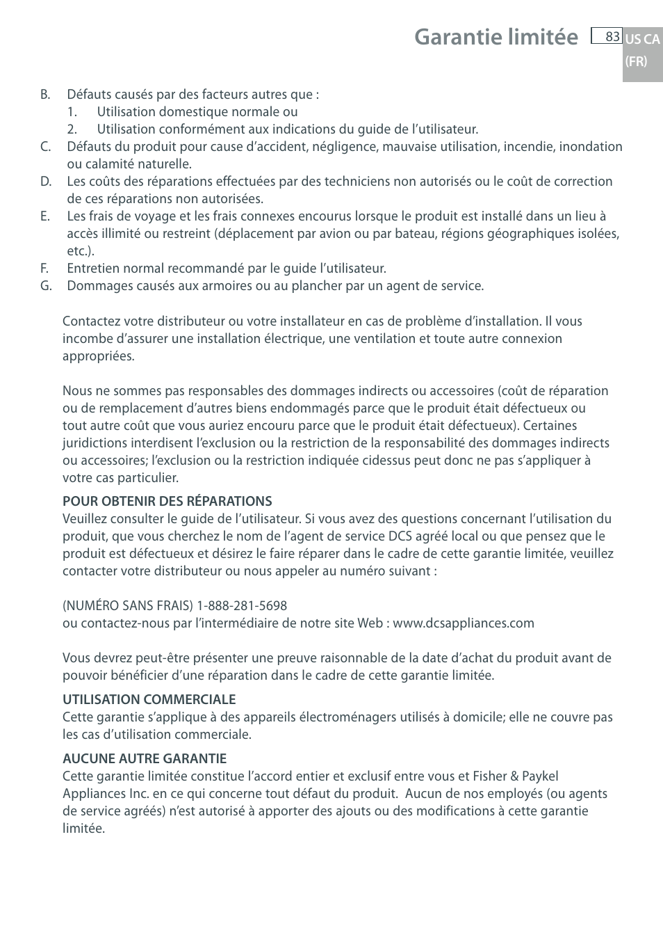 Garantie limitée | DCS WOU-130 User Manual | Page 85 / 132