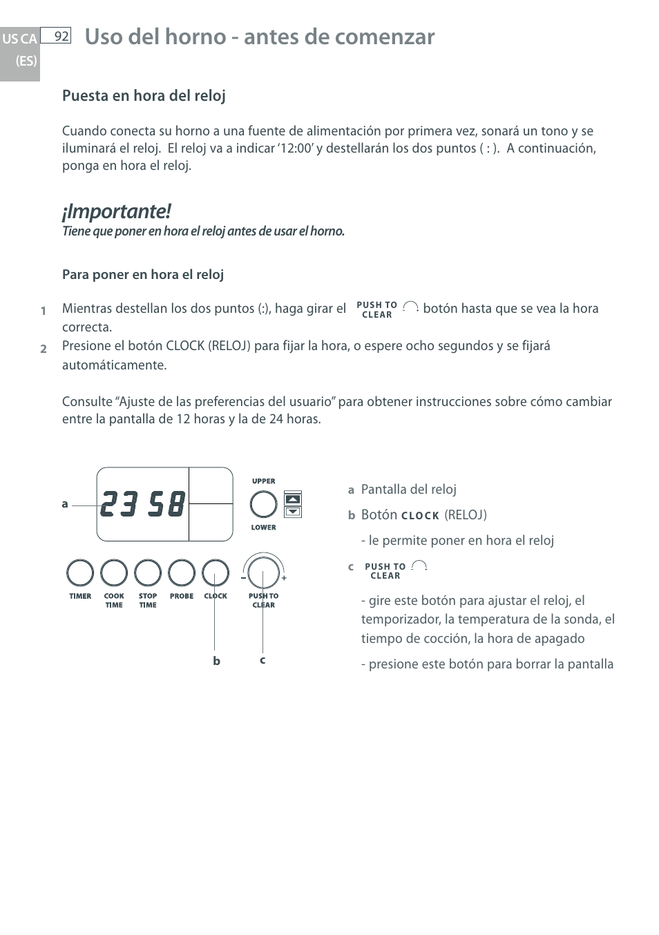 Uso del horno - antes de comenzar, Importante, Puesta en hora del reloj | DCS WOU-130 User Manual | Page 94 / 132