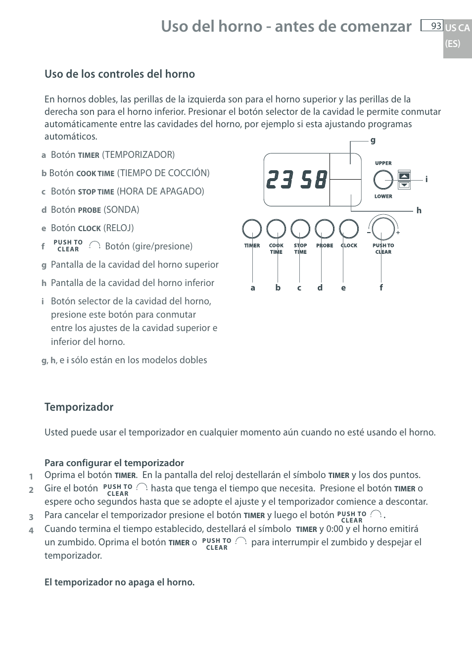 Uso del horno - antes de comenzar, Uso de los controles del horno, Temporizador | DCS WOU-130 User Manual | Page 95 / 132