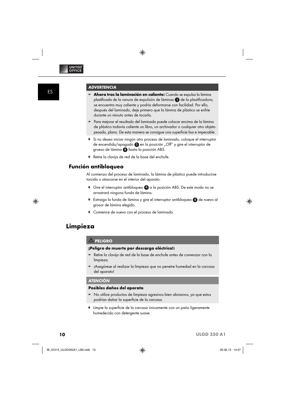 Limpieza, Función antibloqueo | United Office ULGD 350 A1 User Manual | Page 13 / 74