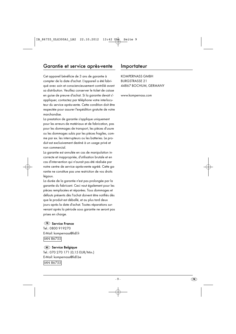 Garantie et service après-vente, Importateur | United Office ULG 300 A1 User Manual | Page 12 / 40