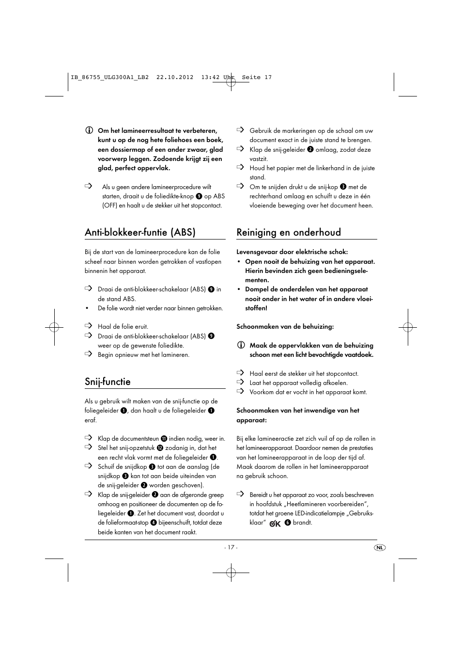 Anti-blokkeer-funtie (abs), Snij-functie, Reiniging en onderhoud | United Office ULG 300 A1 User Manual | Page 20 / 40