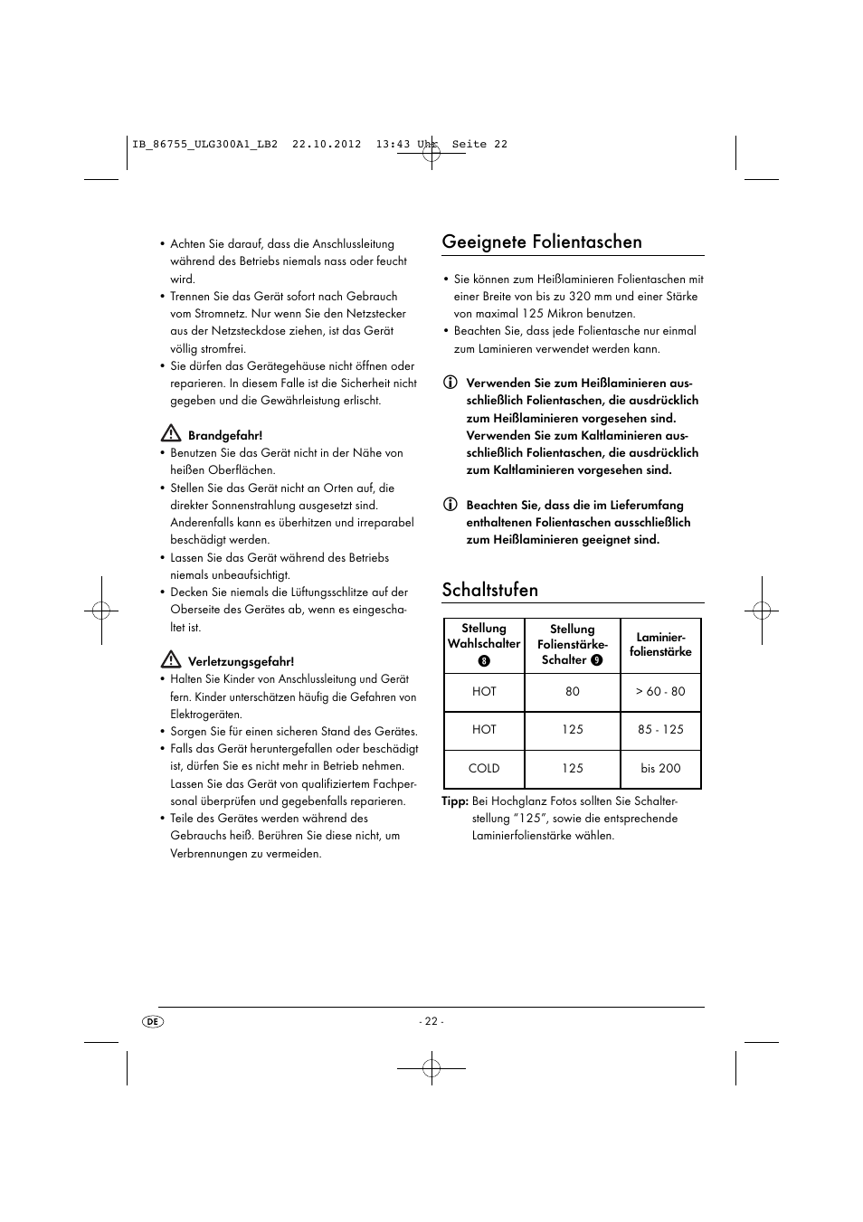 Geeignete folientaschen, Schaltstufen | United Office ULG 300 A1 User Manual | Page 25 / 40