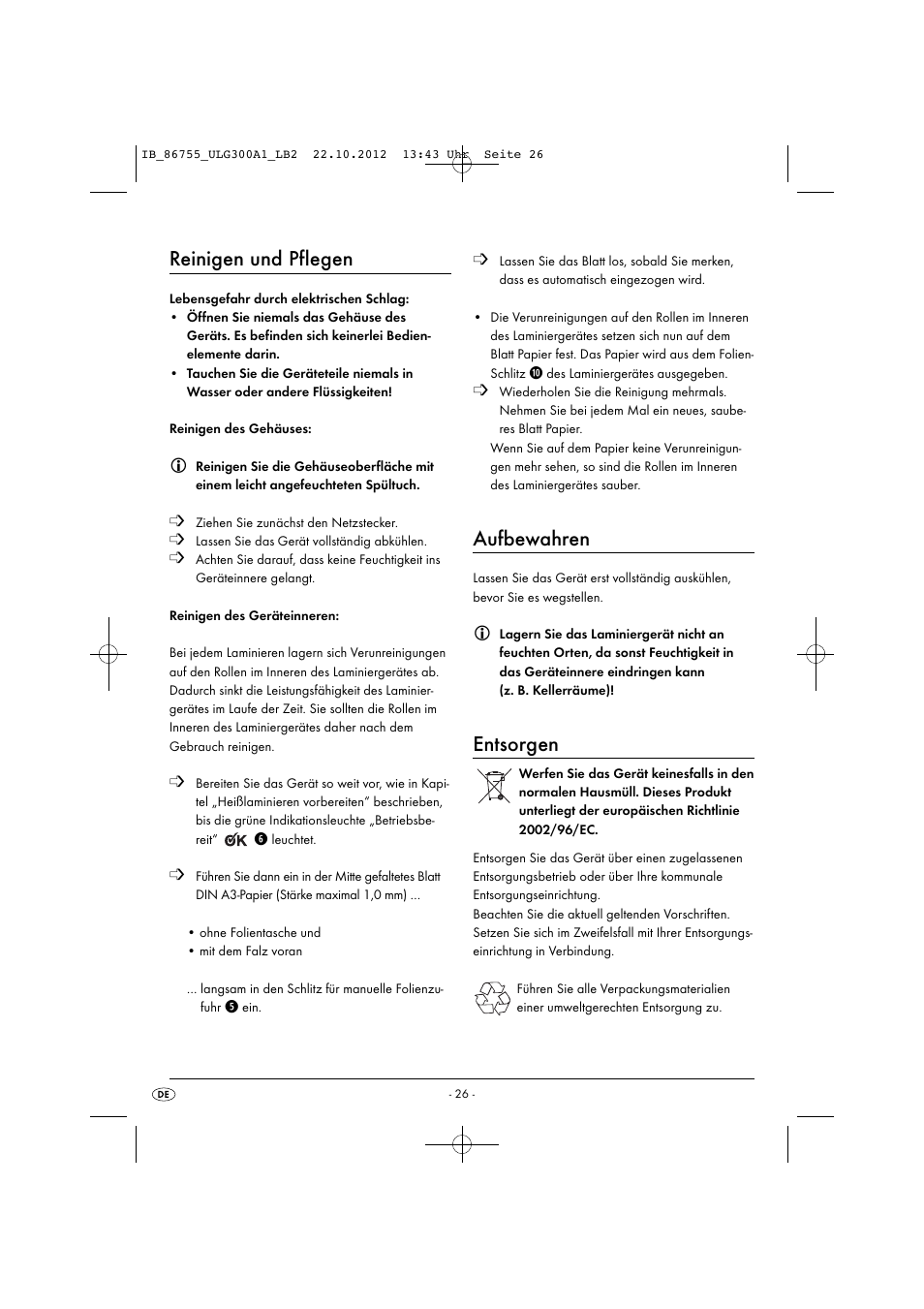 Reinigen und pflegen, Aufbewahren, Entsorgen | United Office ULG 300 A1 User Manual | Page 29 / 40