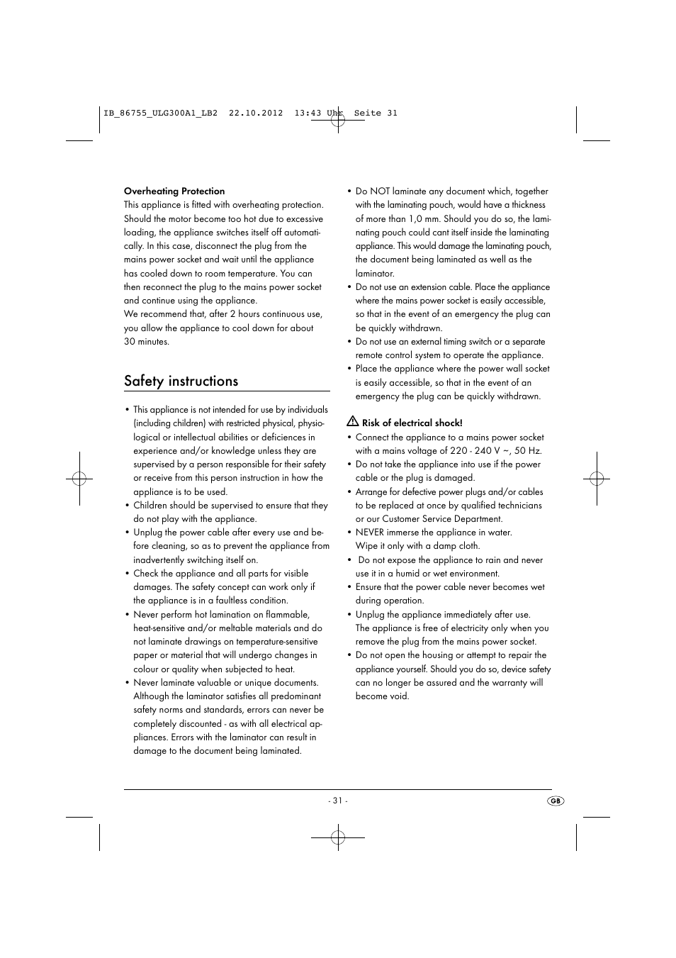 Safety instructions | United Office ULG 300 A1 User Manual | Page 34 / 40